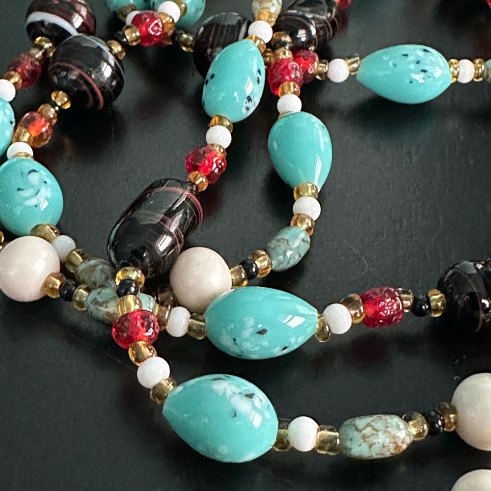 Vintage 52” Glass Beaded Necklace Turquoise Colored & Multicolored Art Glass